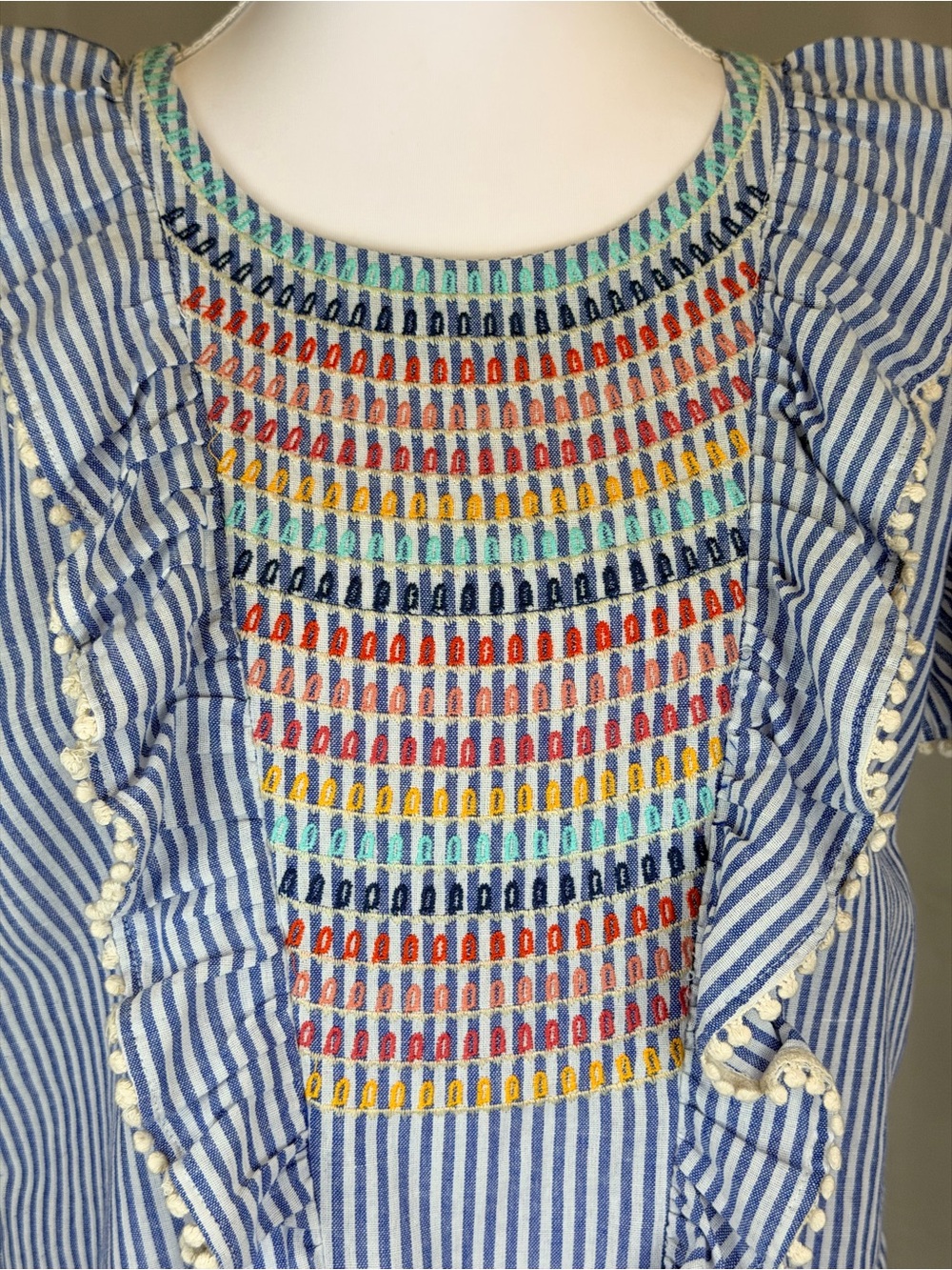 THML Embroidered Stripe Ruffle Top Pom Pom Boho Blouse Size Large NEW - Picture 2 of 7
